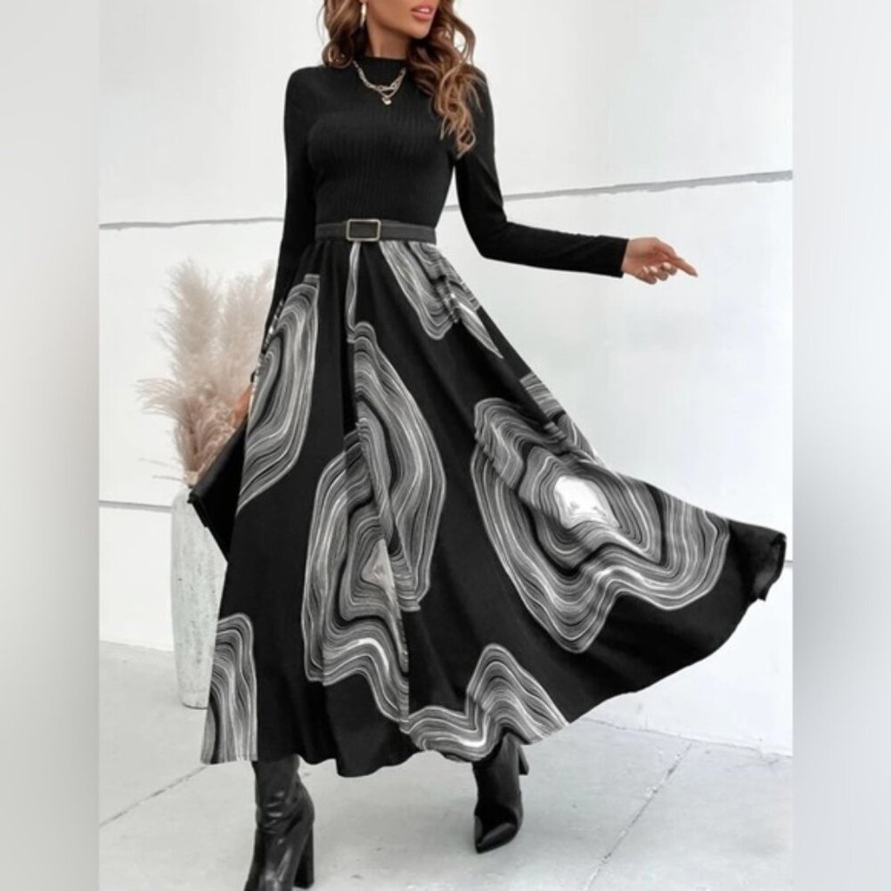 Black Rib Knit Graphic Print A line Dress Without Belt